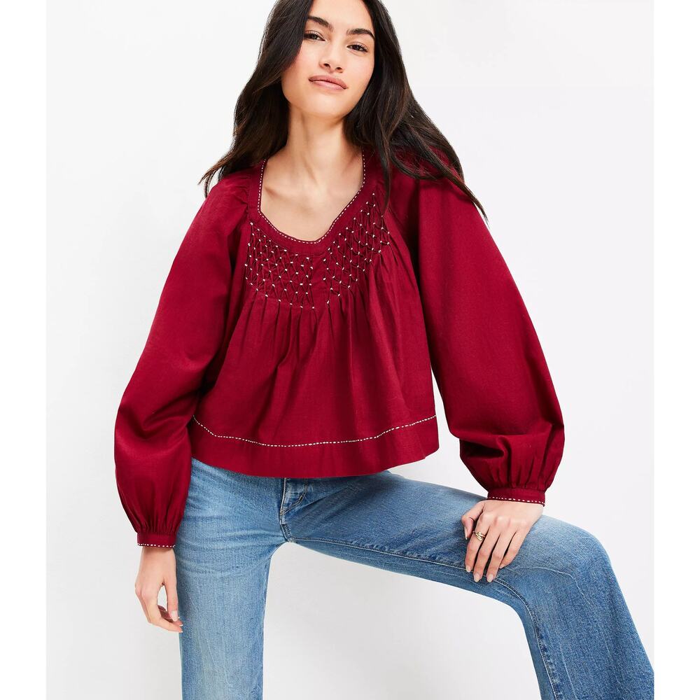 LOFT Boho Peasant Blouse Burgundy Red Smocked Cotton Top Balloon Sleeve | Medium